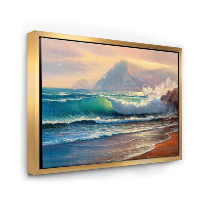 «Morning Sunlight On The Sea Waves III», peinture sur toile, Cadre flottant doré, H 12 po x l 20 po x p 1 po