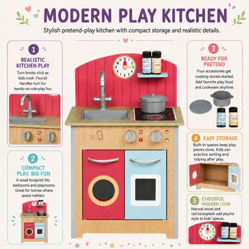 Teamson Kids Little Chef Porto Classic Interactive Wooden Play Kitchen, Wood/Red