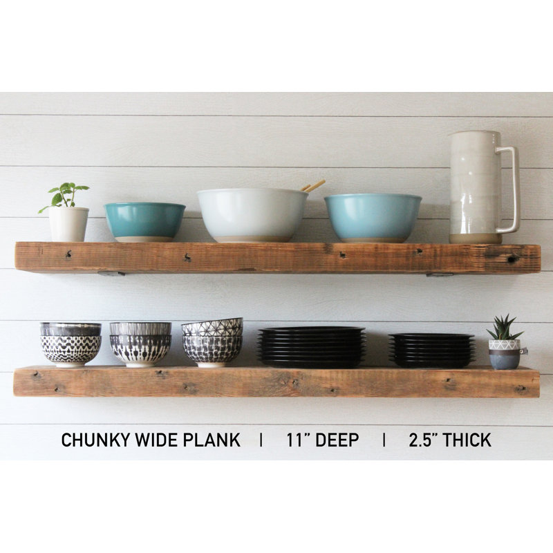 Reclaimed Barn Joist Deep Floating Shelves with Low Profile Brackets, Brown, 2.5" H x 36" W x 11" D