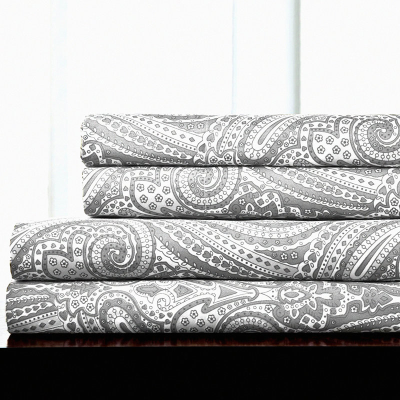BreathableLuxury Full Size Sheet Set with Secure Corner Straps - Supreme Soft Deep Pocket Bedding in Paisley Gray - 1800 Thread Count Full Elastic