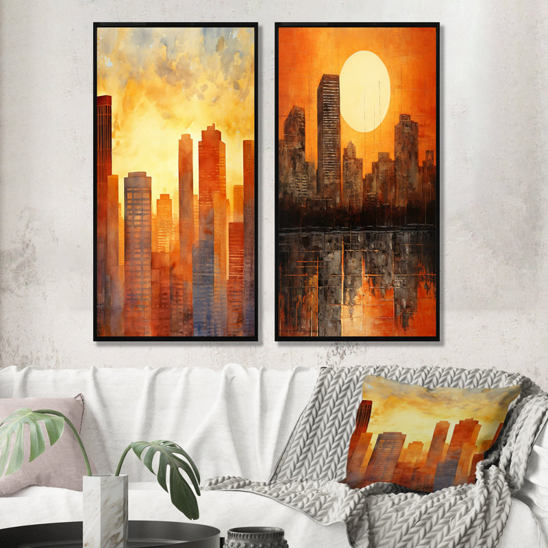 Coucher de soleil coucher de soleil sur une grande ville - gratte-ciel, ensemble de 2 impressions sur toile, Cadre noir