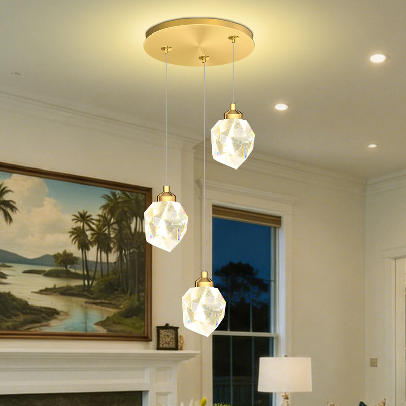 Lustre à 3 lumières en cristal doré, suspension en cristal effet goutte de pluie, éclairage pour îlot de cuisine, hall d'entrée, couloir ou salle à manger