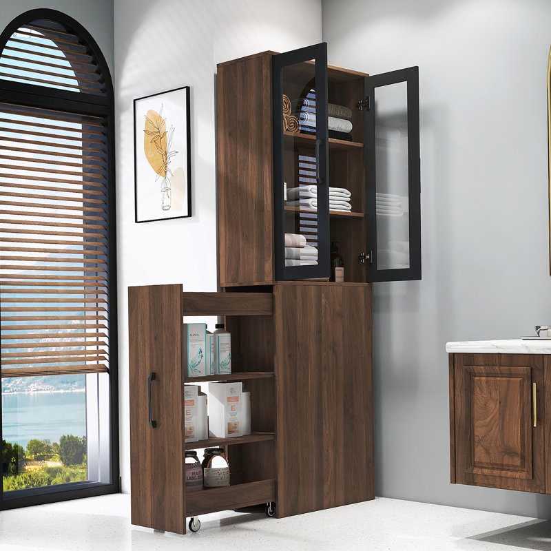 Armoire de rangement H 70,87 po, étagère de rangement coulissante multi-fonctions à 4 niveaux et 2 portes en verre, grande bibliothèque moderne en bois pour le bureau à domicile