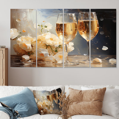 «Gold and White Champagne Flower Bubbles - Champagne», art mural sur toile 4 pièces