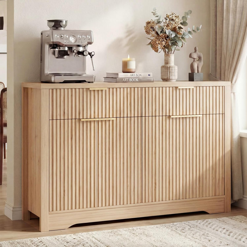 55" Buffet Cabinet with Storage, Drawers, and Adjustable Shelves, Natural Oak