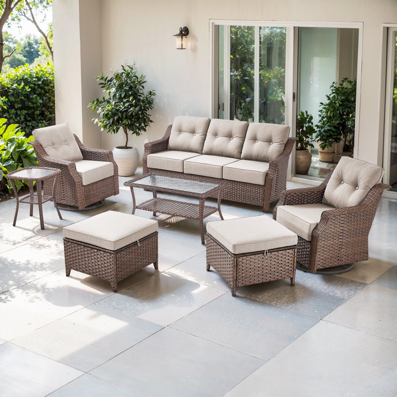 Ensemble de conversation avec canapé en rotin 7 pièces Acton avec repose-pieds et coussins épais de 6 po Acton, Beige