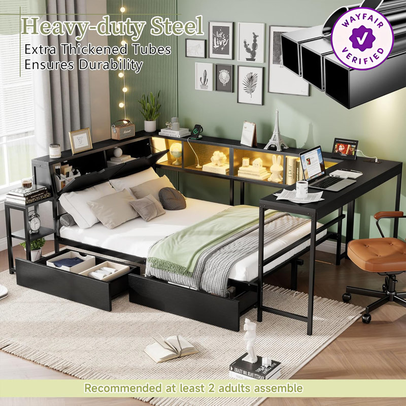 Structure de lit d'angle noir avec bibliothèque, lumière DEL, station de charge, tiroirs de rangement sous le lit, lit plateforme interchangeable gauche et droite, aucun sommier nécessaire pour la chambre à coucher