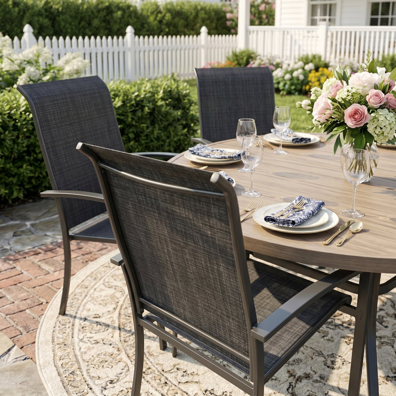 8-Person Round Patio Dining Set With Stackable Textilene Chairs, Black/Brush Wood Gray