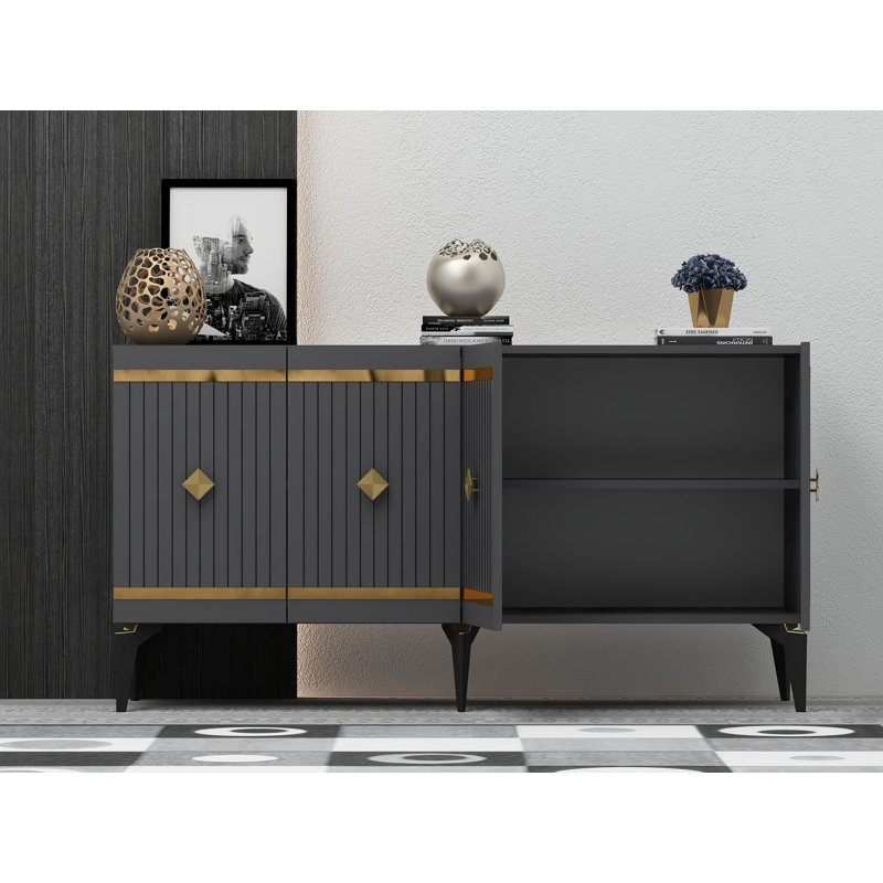 Modern Console Table with Multiple Shelves, Anthracite & Gold, 100% Melamine Coated Particle Board, Thickness: 0.7 inches | Wall-Mountable, Stylish & Functional Design for Glam Home Décor