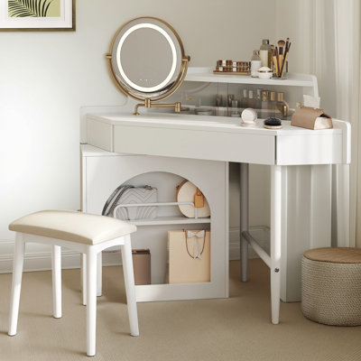 Bureau de coiffeuse de coin avec miroir à trois volets DEL, coiffeuse moderne avec rangement et tabouret pour petits espaces