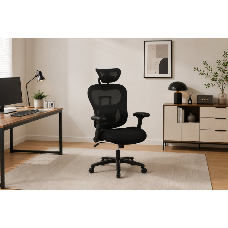 Large-sized Gaming Chair with Breathable Mesh Surface, Adaptive Lumbar Support, 2D Flip-up Armrests, and Multi-position Adjustable Headrest and Backrest.