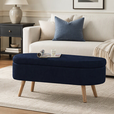 Banc ottoman de rangement ovale de luxe en boucle avec pattes en bois, capacité de 159 kg et charnière de sécurité, pour salon et chambre à coucher