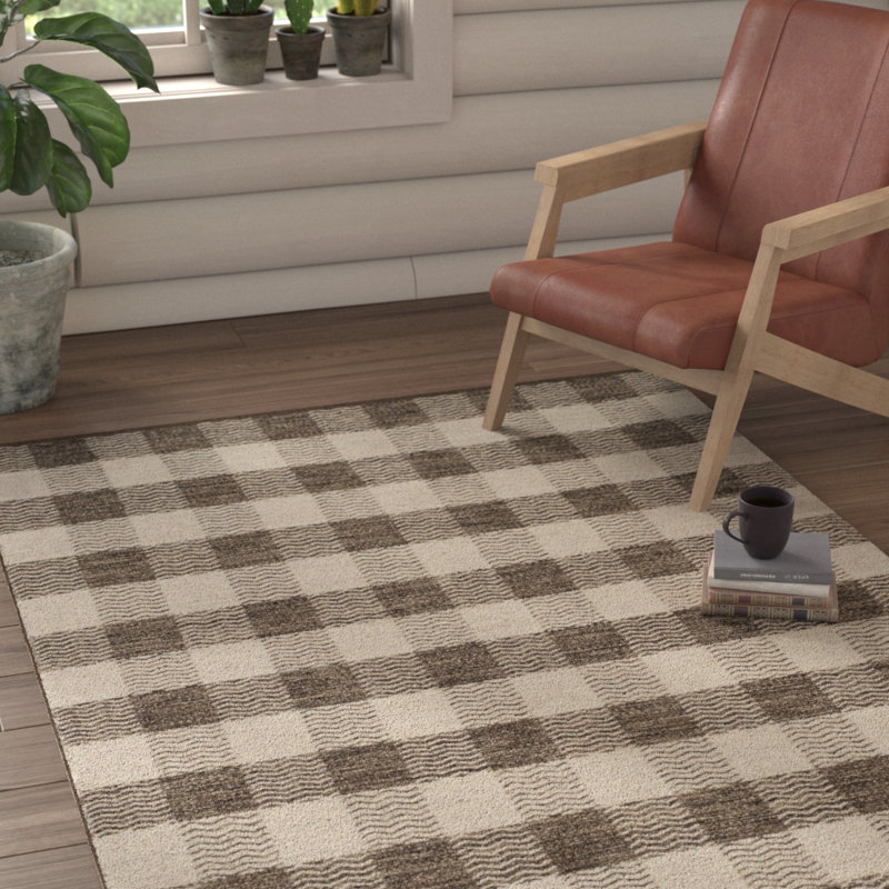 Vacaville Hand Woven Wool/Cotton Plaid Rug in Light Grey/Brown, Rectangle 5' x 8'