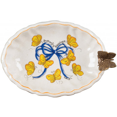 Plat ovale en porcelaine avec papillon blanc / jaune / bleu - assiette décorative Tish