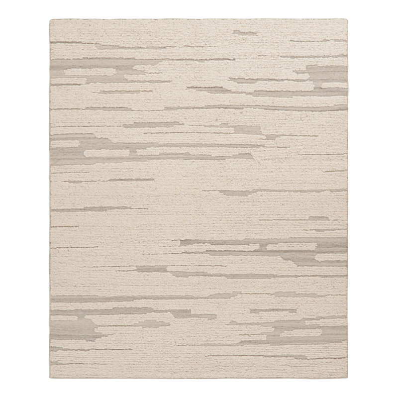 Wool Abstract Area Rug in White, Rectangle 5' x 7'