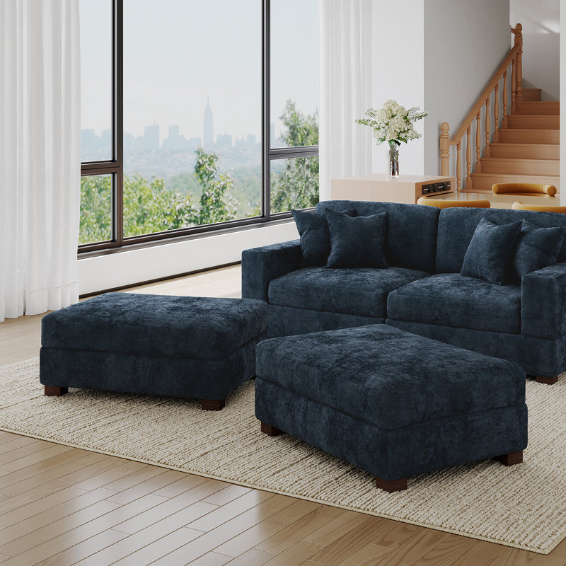Repose-pieds rembourré rectangulaire en chenille bleu, partie modulaire pour canapé modulaire, Bleu