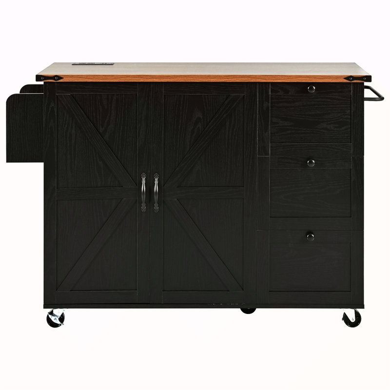 54.5" Farmhouse Kitchen Island With Power Outlet, Kitchen Storage Island With Internal Storage Rack, Drop Leaf, Spice Rack, Rolling Kitchen Cart On Wheels, For Home, Kitchen And Dining Room