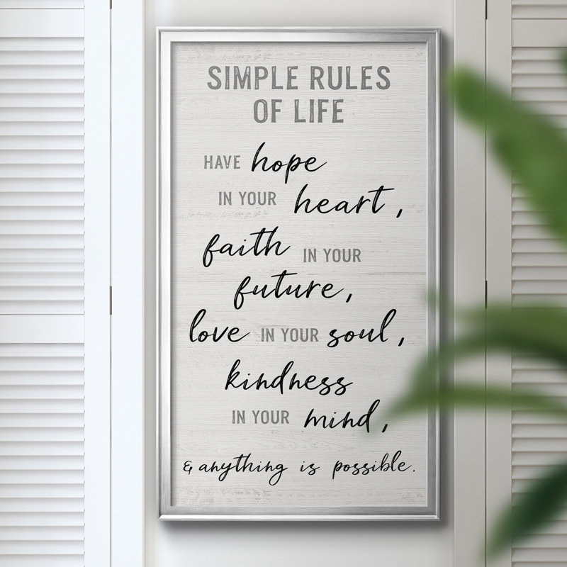 Simple Rules of Life - Art textuel sur toile encadré, H 14,5 po x l 26,5 po x P 1,5 po, Cadre argenté