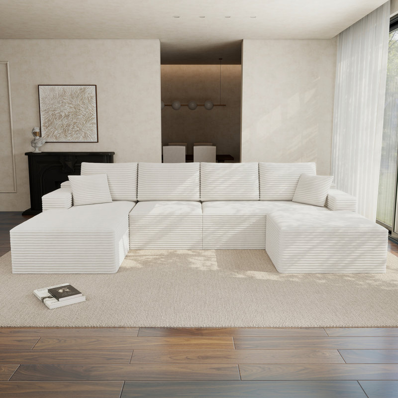 Canapé modulaire en forme de U de 132 po pour 4 personnes Koli, velours côtelé blanc, faisant face à gauche, White Corduroy