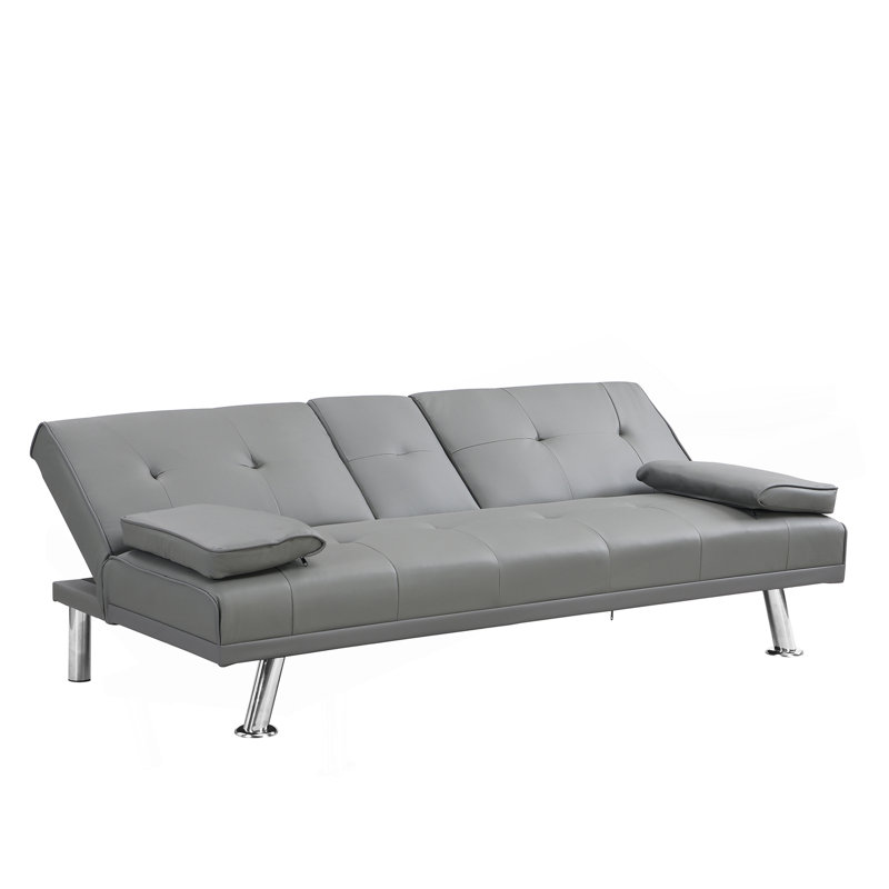Sofa Bed With Armrest Two Holders WOOD FRAME, STAINLESS LEG, FUTON GREY PVC