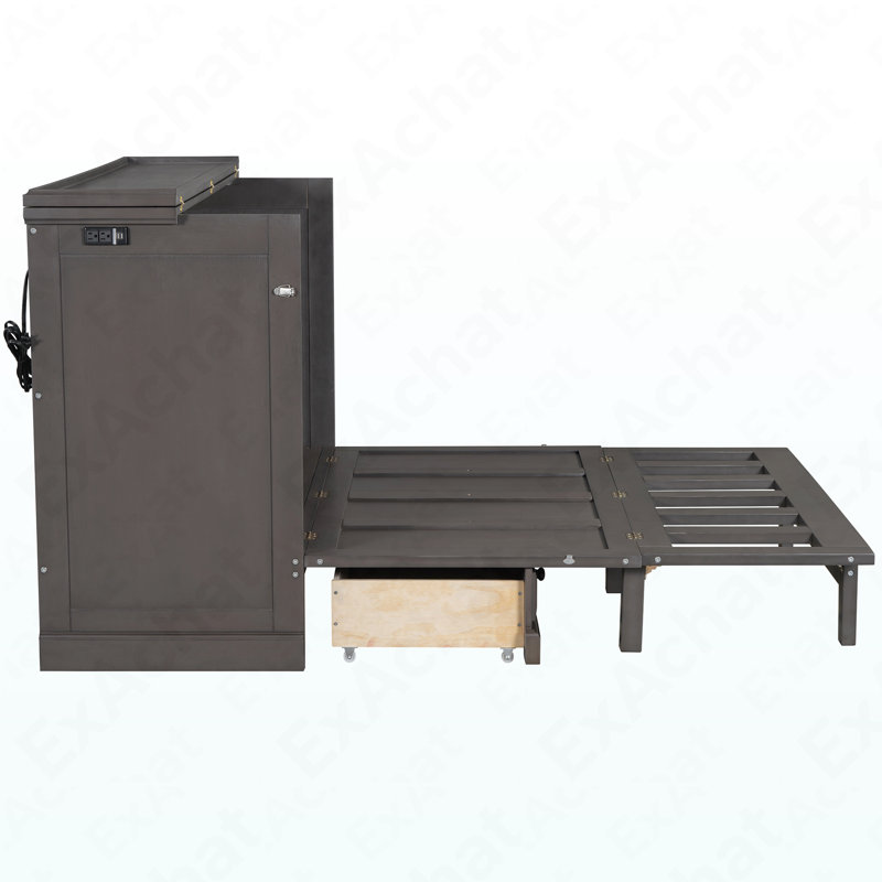 Armoire-lit style rustique en bois de pin massif style ferme avec station de charge et grand tiroir de rangement pour bureau à domicile ou petite pièce, double, gris