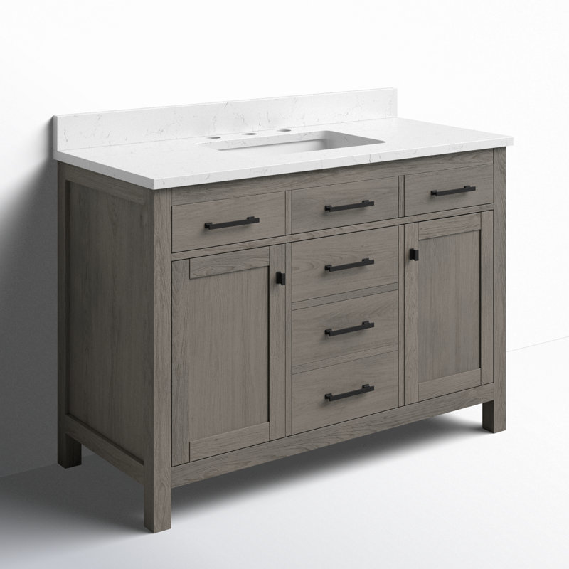 Meuble-lavabo simple 48 po Ajiya, Gris texturé / noir mat, Blanc de Carrare