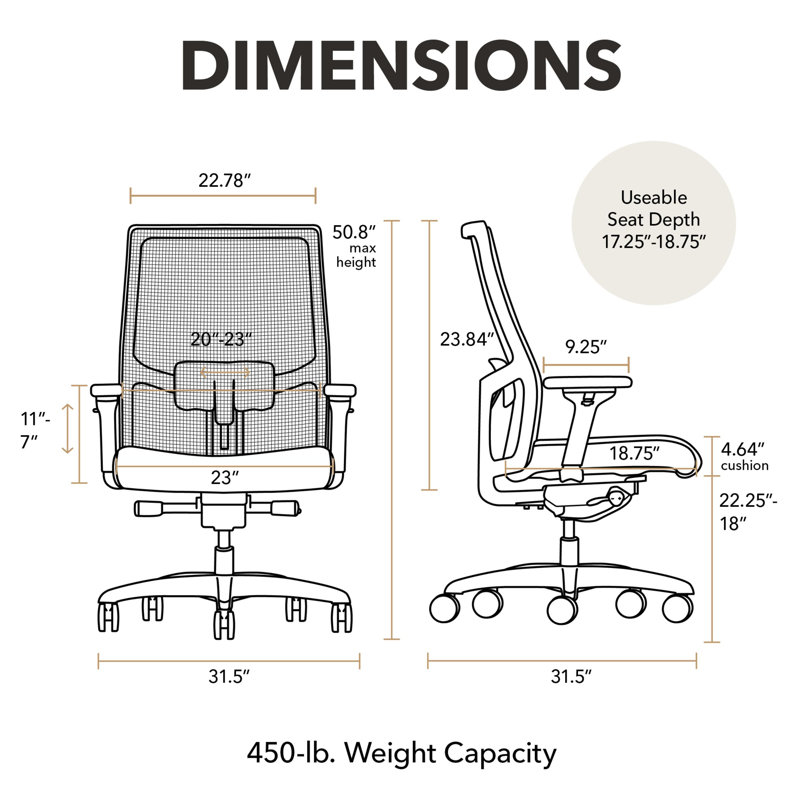 HON Ignition 2.0 Big And Tall Office Chair, 450Lbs Weight Capacity, Black Frame, Ash, No, Ash