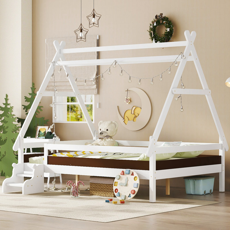 Lit plateforme simple avec escalier, Blanc clair, Lit simple