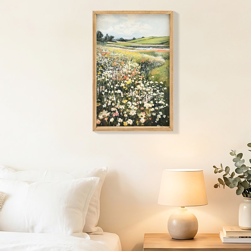 Paysage rustique 16 x 24 pouces, impressions sur toile encadrées de prairie de fleurs sauvages pour le bureau et la salle à manger, décoration murale, champ classique, chambre à coucher