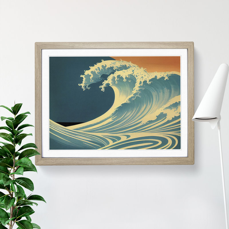 XH1022-6113X Modern Japanese Wave - Single Picture Frame Print, Oak, 46cm H x 64cm W x 2cm D
