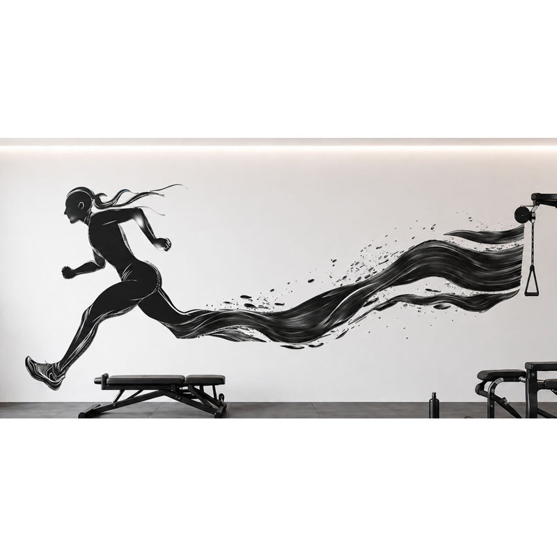 Murale de coureuse, papier peint de gymnastique, autocollant noir silhouette de course, décor de salle d'entraînement de studio d'entraînement 610MV
