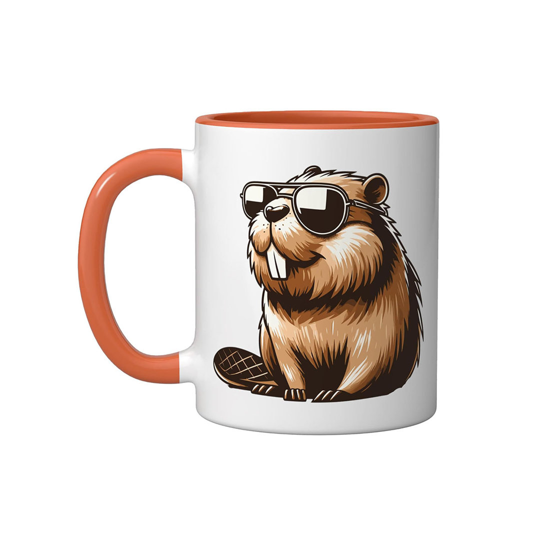 Funny Beaver With Sunglasses Ceramic Mug, Orange/White, 11oz