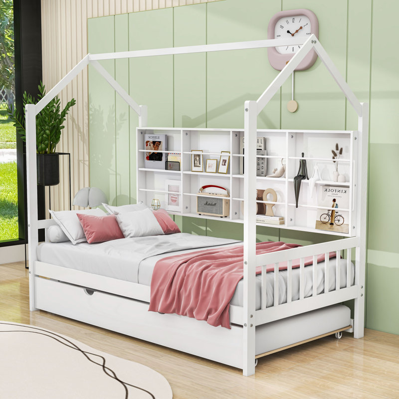 Lit de jour en bois avec couchette simple et tablette de rangement, Lit simple
