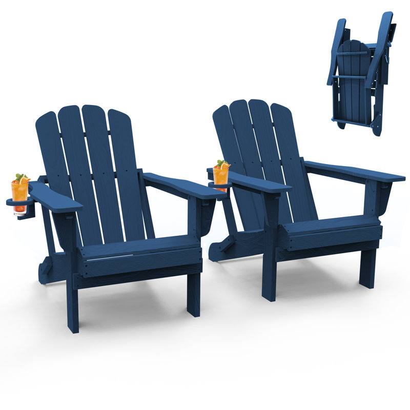 Outdoor Weather-Resistant High Density Polyethylene Foldable Adirondack Chairs with Cup Holder Set of 2, Blue