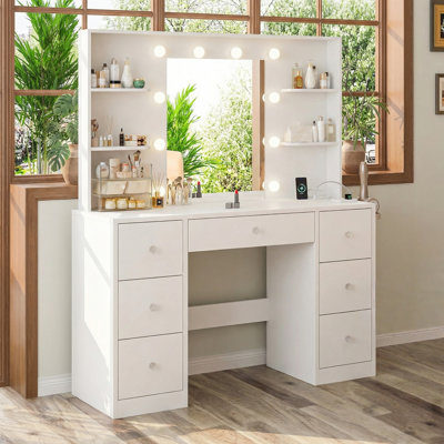 Hollywood Vanity with LED Lights & Power Station - White Makeup Table with 7 Drawers, 4 Open Shelves, & Hair Dryer Holder