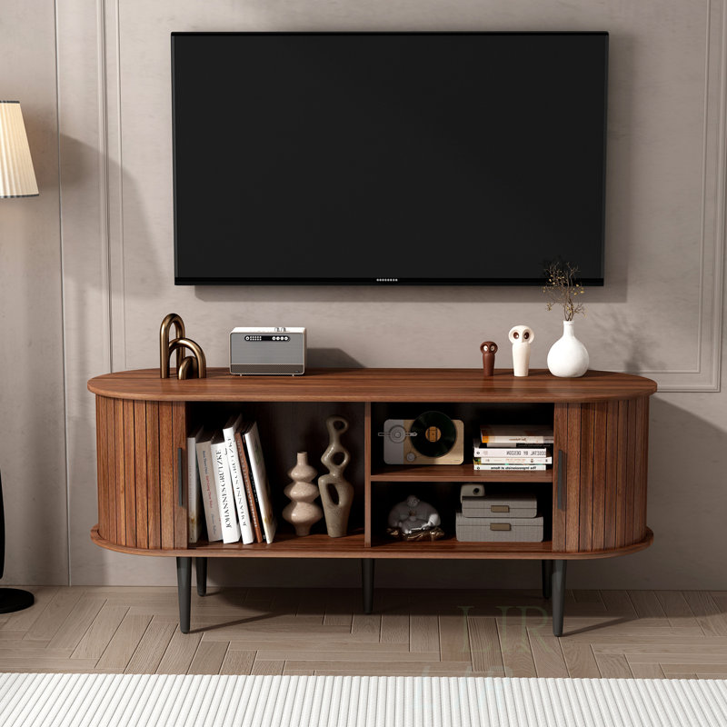 Meuble télé moderne avec meuble télé 47 po avec armoire de rangement à porte coulissante, centre de divertissement pour le salon, la chambre à coucher, le bureau, finition noyer | Idée cadeau