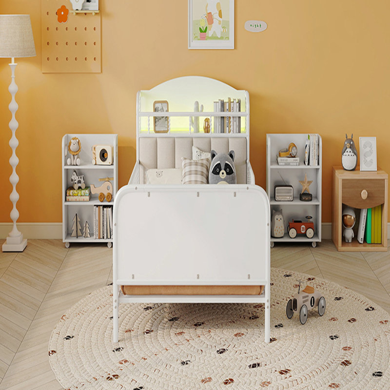 Structure de lit plateforme simple en métal avec tête de lit légère et rembourrée, tablettes de rangement escamotables pour enfants, blanc