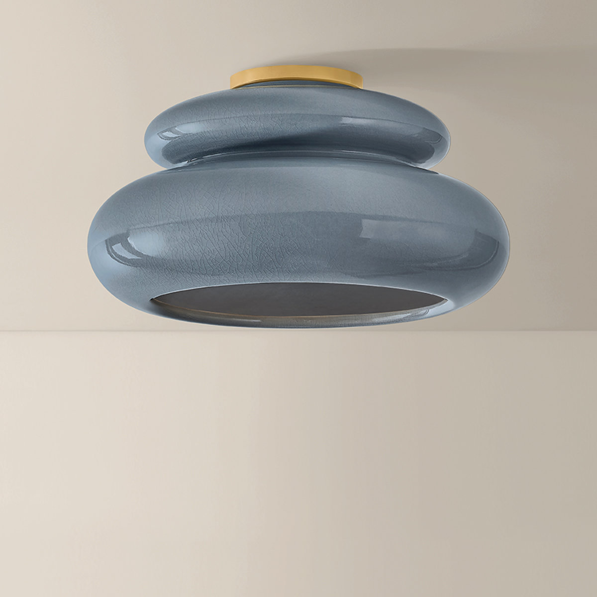 Single Light Flush Mount, Aged Brass and Ceramic Chateau Crackle