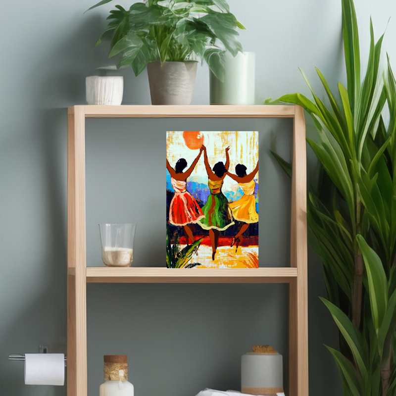 «Joyful Dancing Women», art abstrait coloré et coloré, paysage d'été, 18" H x 12" W