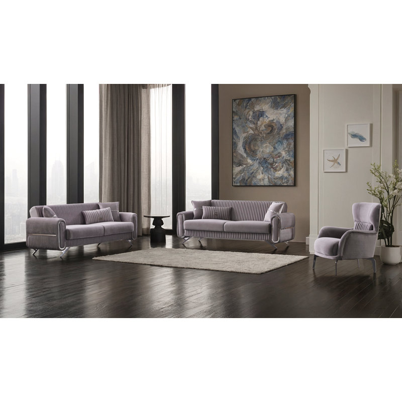 Ensemble de salon en velours 4 pièces Martavion, Gris, Argent