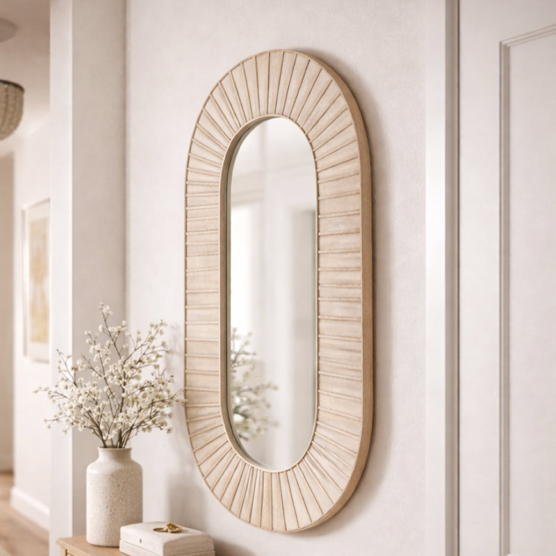 Modern Fluted Wood Large Wall Mirror For Home Decor - Decorative Rectangular Mirror For Hallway, Bathroom, Or Bedroom Decor - 60", White