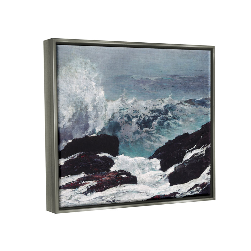 Crashing Waves Ocean Rocks Cliff Rough Waters par Lettered And Lined - peinture sur toile à cadre flottant, L 25 po x H 31 po