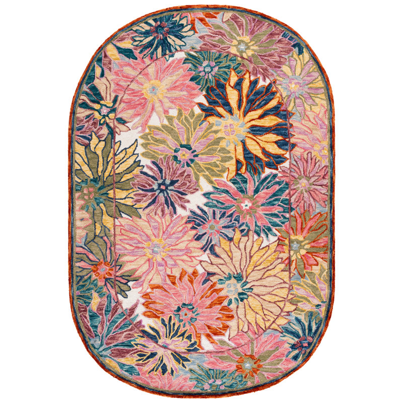 Elrey Hand-Tufted Wool and Cotton Floral Area Rug, Oval 6' x 9'
