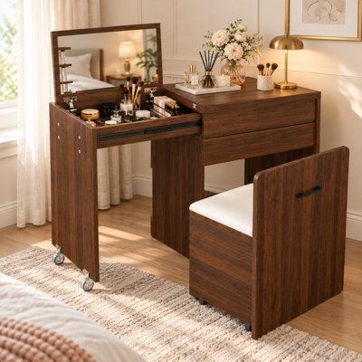 Coiffeuse extensible 3 en 1 de 119 cm (47 po) avec miroir rabattable, bureau pliant avec rangement pour cosmétiques, tiroir et tabouret de rangement à roulettes, noyer