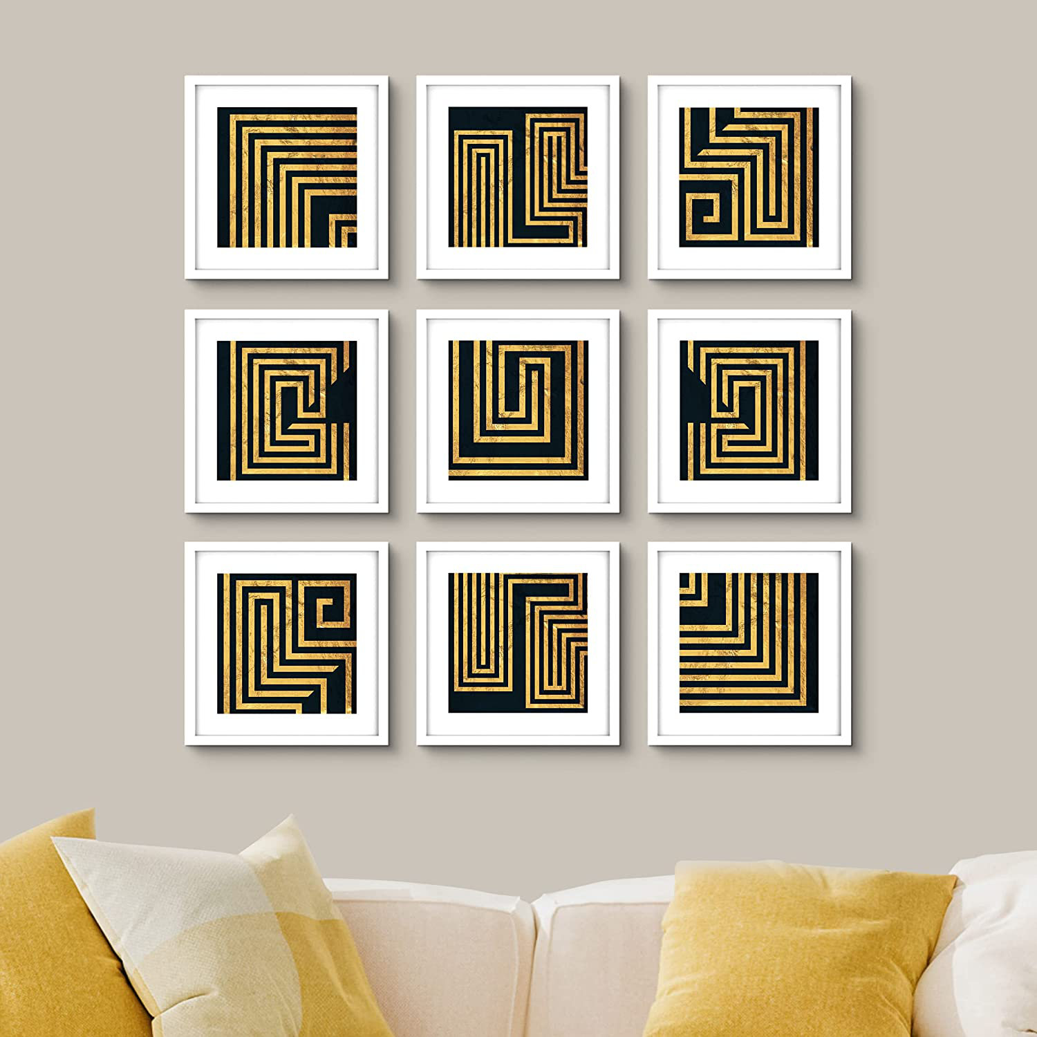 SIGNLEADER Gold Geometric Puzzle Maze Line Abstract Shapes Digital Art  Modern Contemporary Dramatic Fun Framed On Plastic / Acrylic 9 Pieces Print  | Wayfair