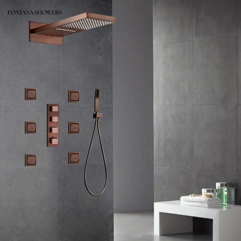 Système de douche à cascade FontanaShowers Lima Ultra, bronze huilé léger, pomme de douche à pluie murale de 22 po avec 6 jets de corps et douchette