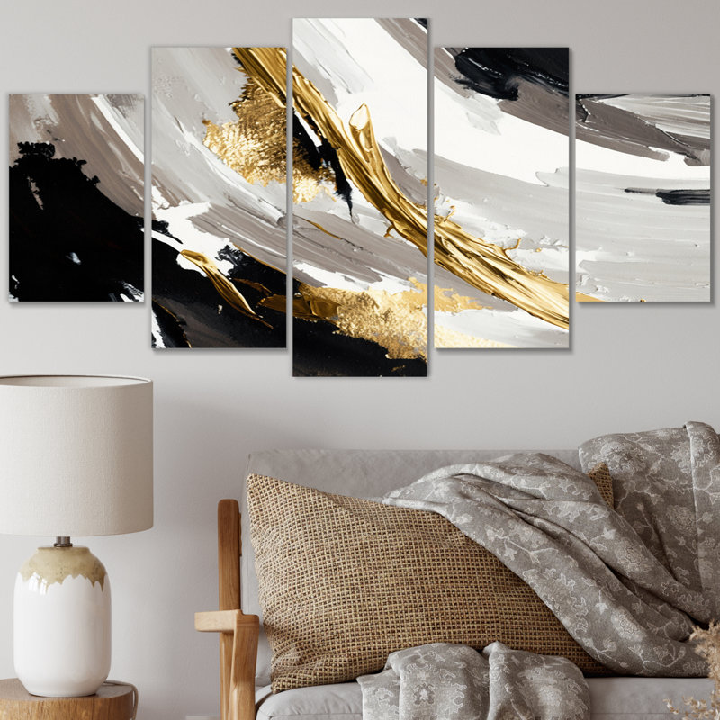 «Waves Of Midnight Passion Abstract Black Gold II», reproduction sur toile abstraite - 5 panneaux