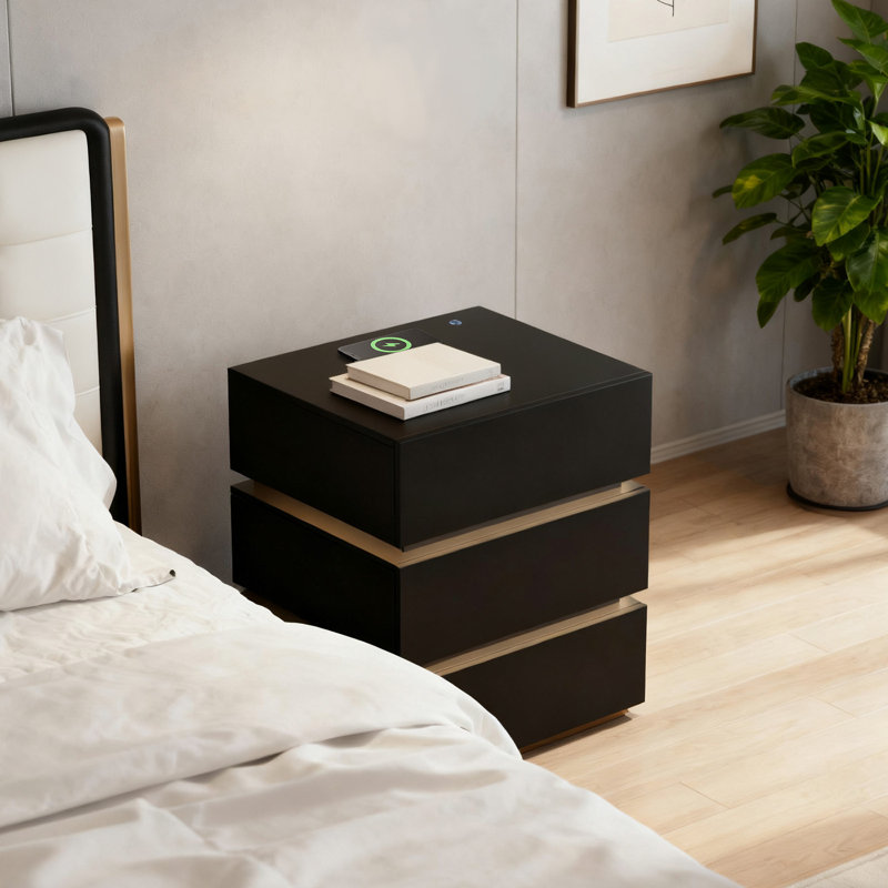 Table de chevet noire, table de chevet cannelée à DEL avec station de charge, petite table de chevet à 3 tiroirs, table de chevet avec ports USB, table de bout moderne pour chambre à coucher / salon