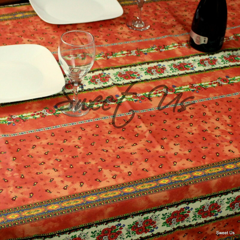 Wipeable Stain Resistant Acrylic Coated French Provencal Cotton Floral Tablecloth Collection, Red