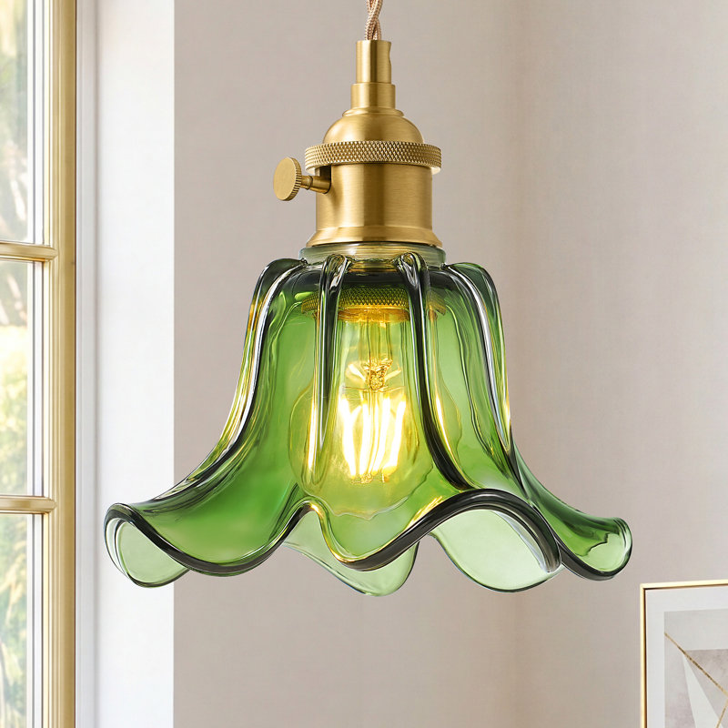 1-Light Flower Glass Pendant Light, Adjustable Brass Hanging Lamp for Kitchen Island